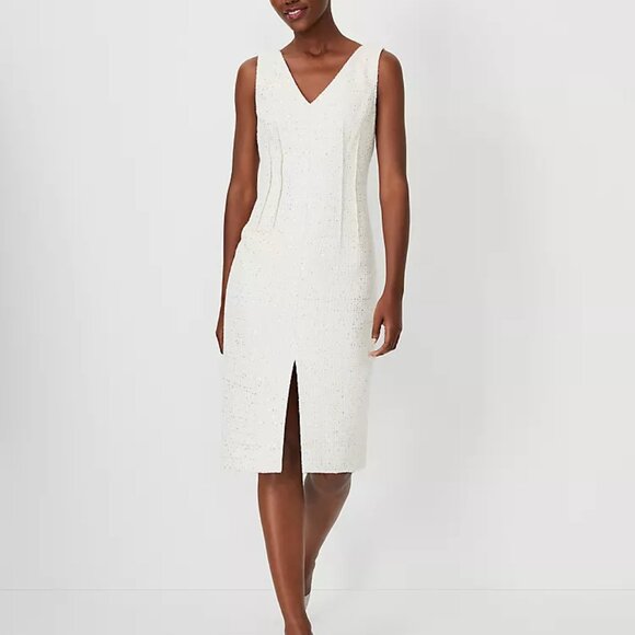 NWT Ann Taylor Petite Sequin Tweed V-Neck Sleeveless Sheath Dress in Ivo… - Picture 1 of 15
